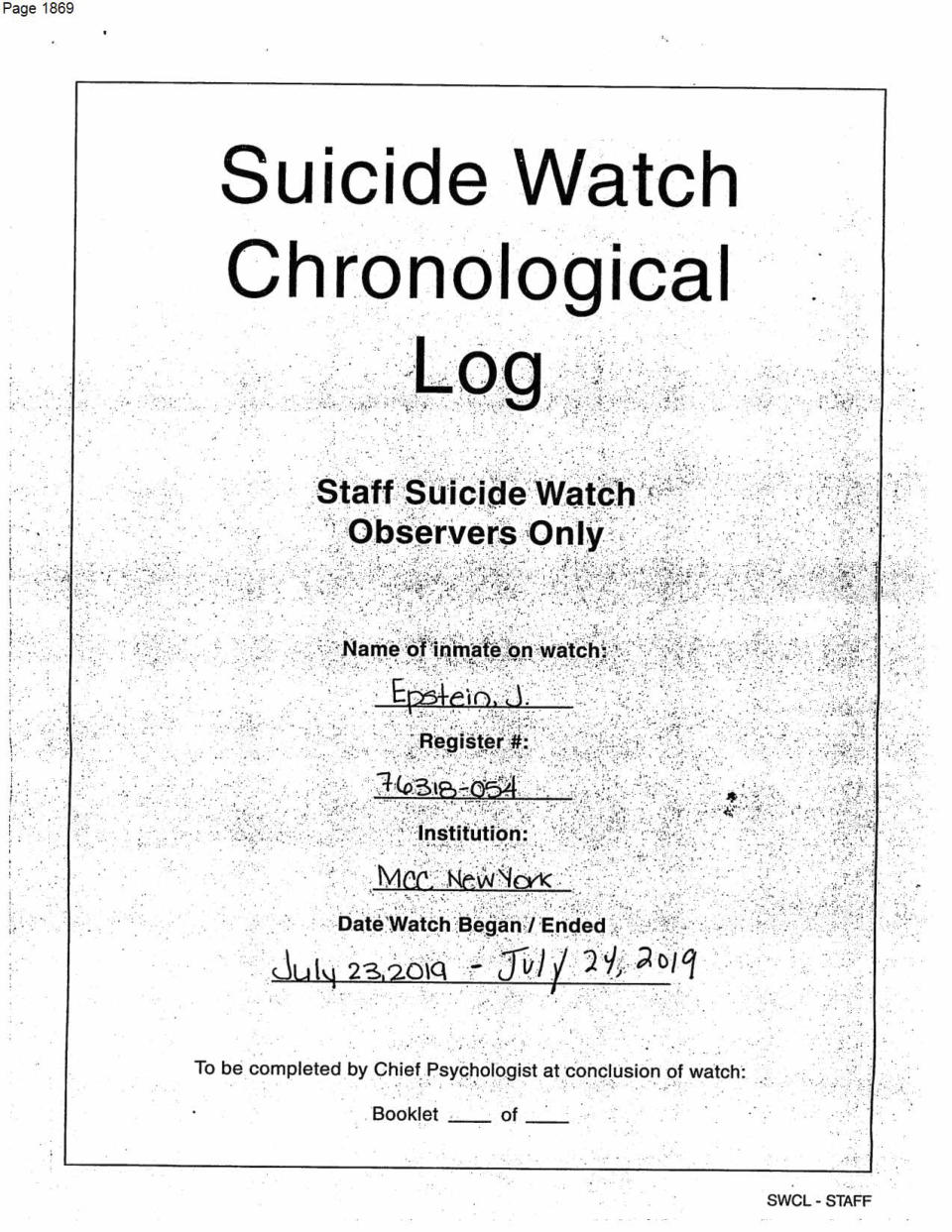 This photo shows one page of more than 4,000 pages of documents that the Associated Press obtained on Thursday, June 1, 2023, related to Jeffrey Epstein’s jail suicide from the federal Bureau of Prisons under the Freedom of Information Act. (Federal Bureau of Prisons via AP)