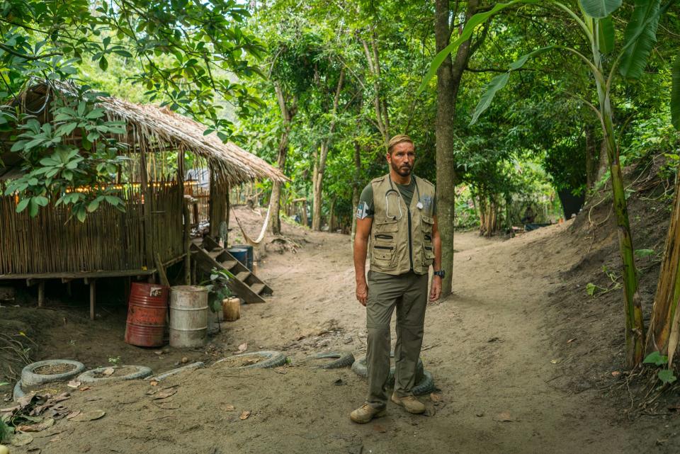 Jim Caviezel portrays former Homeland Security agent Tim Ballard posing as a doctor while searching for a young girl abducted by sex traffickers in a remote Colombian village in a scene from "Sound of Freedom."