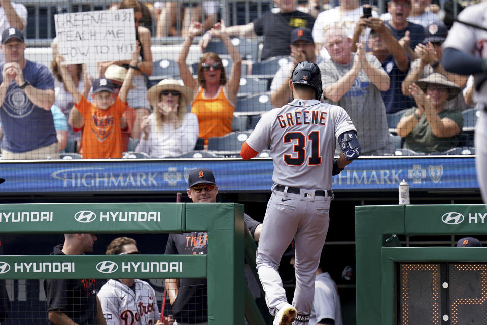 Detroit Tigers' Riley Greene heads to the dugout after hitting a home run against the Pittsburgh Pirates in the first inning of a baseball game in Pittsburgh, Wednesday, Aug. 2, 2023. (AP Photo/Matt Freed)