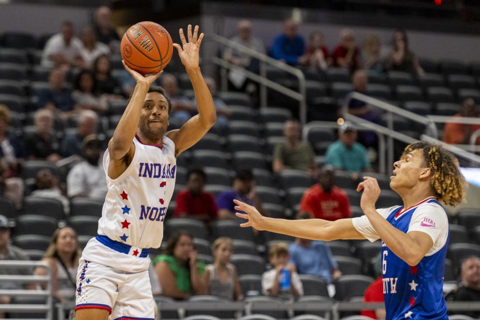 North Future All-Star Ajani Washington (4), a junior from Fort Wayne Concordia High School, shoots during the first half of an boysâ€™ Indiana High School Future All-Stars basketball game, Saturday, June 10, 2023, at Gainbridge Fieldhouse, in Indianapolis.