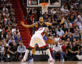 MIAMI, FL - JANUARY 27: Tyson Chandler #6 of the New York Knicks guards Udonis Haslem #40 of the Miami Heat during a game at American Airlines Arena on January 27, 2012 in Miami, Florida.