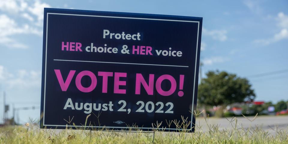 A pro-choice election sign is seen in Wichita, Kansas on Tuesday August 2nd, 2022 as voters decide on a constitutional amendment regarding abortion.