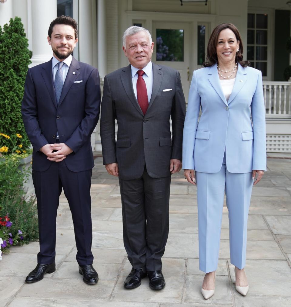 Crown Prince Hussein bin Abdullah with King Abdullah and Vice President Kamala Harris