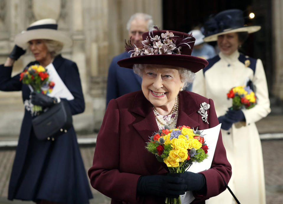 FILE - In this Monday, March 12, 2018 file photo, Britain's Queen Elizabeth II leaves after attending the Commonwealth Service at Westminster Abbey in London. Now that the Royal Family has said farewell to Prince Philip, attention will turn to Queen Elizabeth II’s 95th birthday on Wednesday, April 21, 2021 and, in coming months, the celebrations marking her 70 years on the throne. This combination of events is reminding the United Kingdom that the reign of the queen, the only monarch most of her subjects have ever known, is finite. (AP Photo/Kirsty Wigglesworth, file)