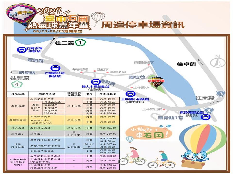 東勢警分局表示，石岡區土牛休閒運動公園腹地狹小，沿線路幅狹窄，主辦單位已規劃場外停車場、免費接駁車。（圖：東勢分局提供）