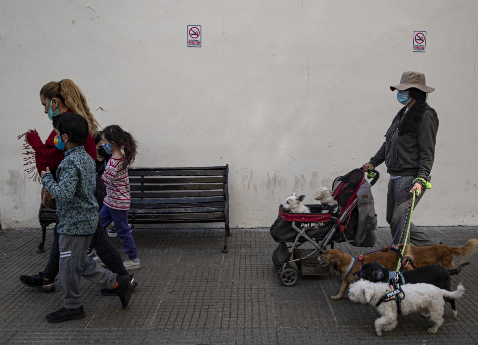 A woman takes her dogs for a stroll in Santiago, Chile, Friday, May 28, 2021, amid the COVID-19 pandemic. (AP Photo/Esteban Felix)