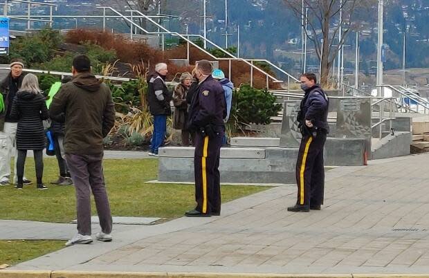 Kelowna RCMP officers attended an anti-mask rally in Stuart Park on Jan. 9. 