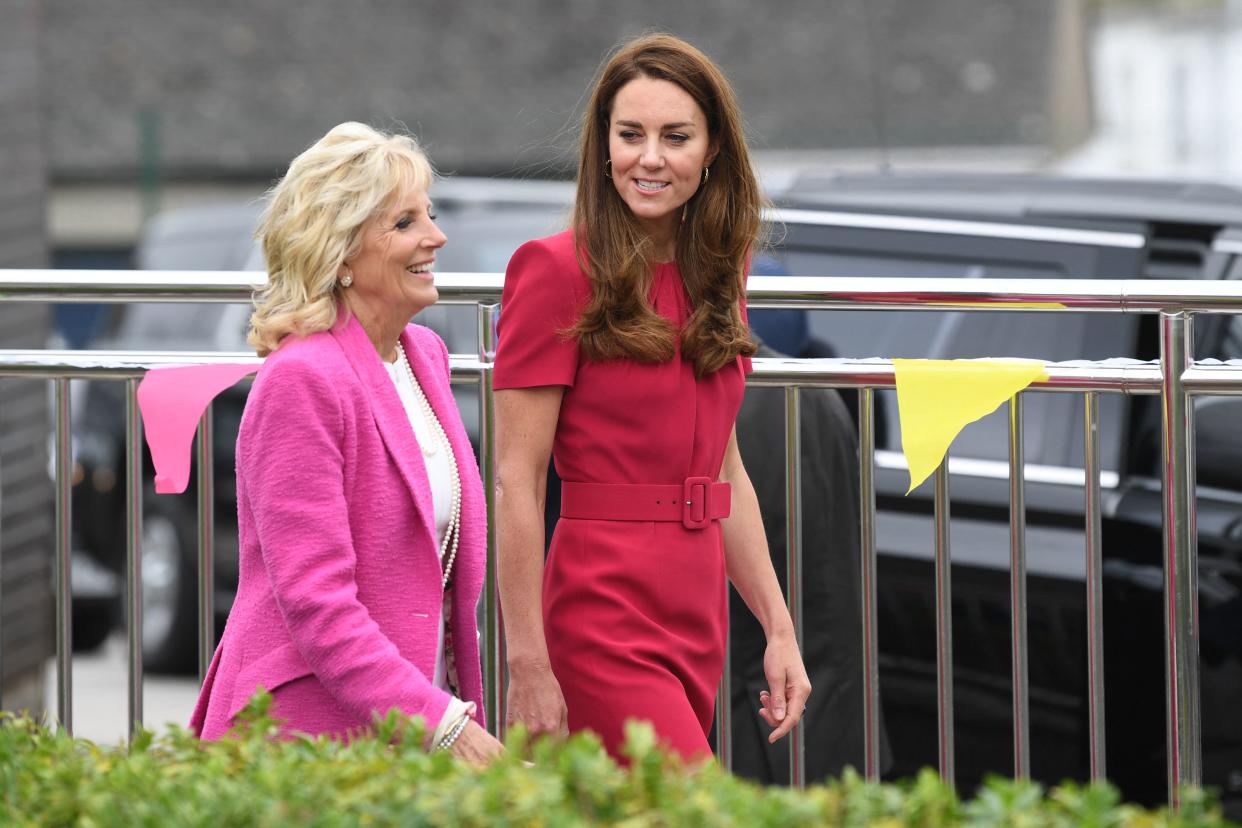 Britain's Catherine, Duchess of Cambridge and US First Lady Jill Biden visit Connor Downs Academy in Hayle, Cornwall on the sidelines of the G7 summit on June 11, 2021. (Photo by DANIEL LEAL-OLIVAS / various sources / AFP) (Photo by DANIEL LEAL-OLIVAS/AFP via Getty Images)