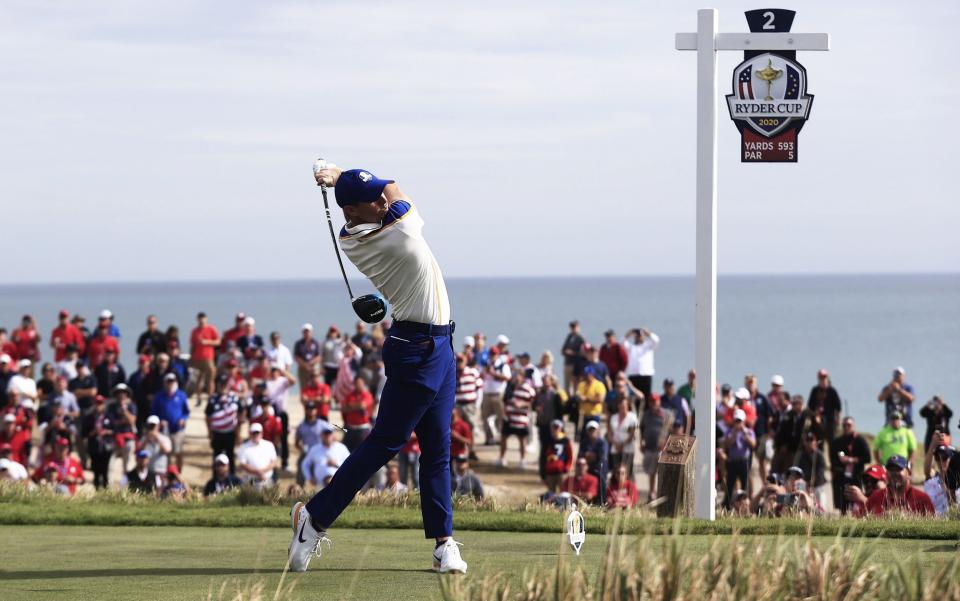 McIlroy drives on the second.  - TANNEN MAURY/EPA-EFE/Shutterstock