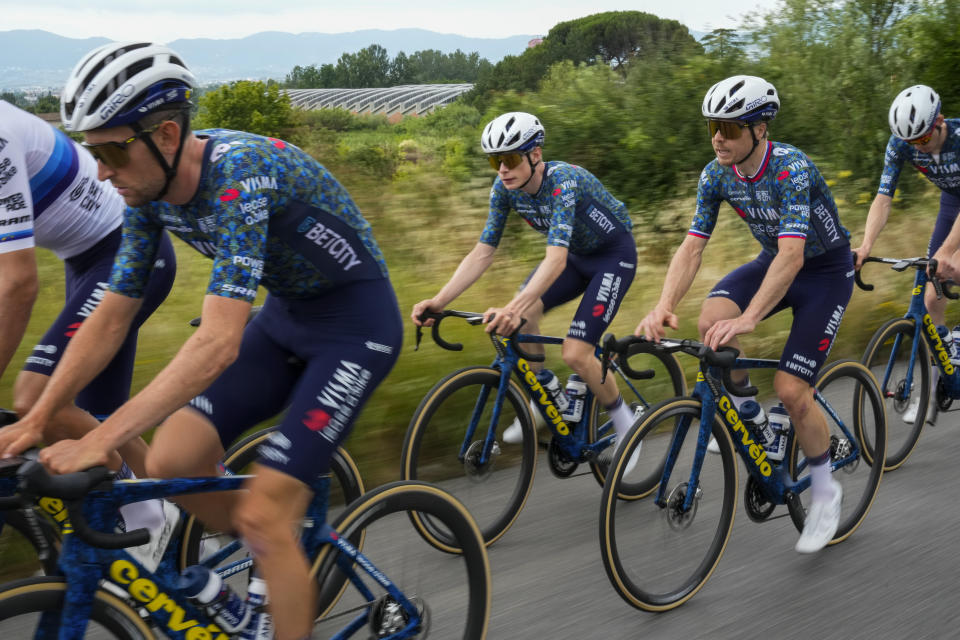 Denmark's Jonas Vingegaard, center, and Visma-Lease a Bike fellow team riders went for training near Florence, Italy, Thursday, June 27, 2024, two days before the start of the Tour de France cycling race. (AP Photo/Jerome Delay)