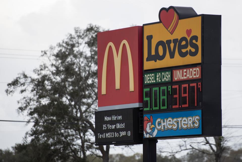 Gas prices at Love&#39;s gas station off of Interstate 10 in Long Beach, Mississippi neared $4 a gallon on Monday.