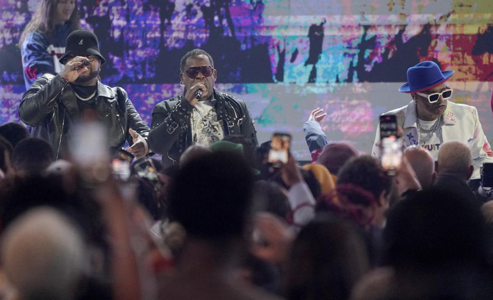 Wonder Mike, from left, Master Gee and Hen Dogg of The Sugarhill Gang perform "Rapper's Delight" at the BET Awards on Sunday, June 25, 2023, at the Microsoft Theater in Los Angeles. (AP Photo/Mark Terrill)