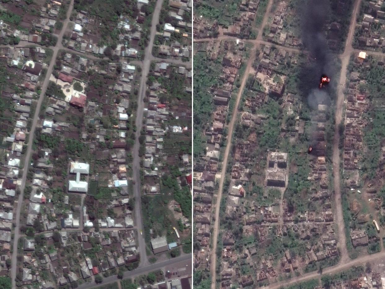 A satellite image shows burning homes and damaged buildings in Bakhmut, Ukraine on 15 May (Maxar/Reuters)