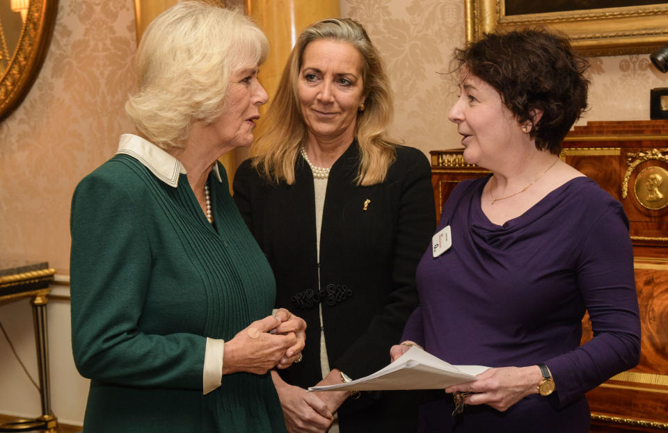 LONDON, ENGLAND - DECEMBER 13: Camilla, Duchess of Cornwall chats with Rona Fairhead and Jane Garvey as she attends a reception and recording at Buckingham Palace to mark the announcement of the Woman's Hour 70th Anniversary Power List on December 13, 2016 in London, England. **PLEASE NOTE THE POWER LIST WILL BE ANNOUNCED AT THE RECEPTION BUT THE NAMES ARE EMBARGOED UNTIL 00.01HRS ON WEDS 14TH DEC**  (Photo by Arthur Edwards - WPA Pool / Getty Images)