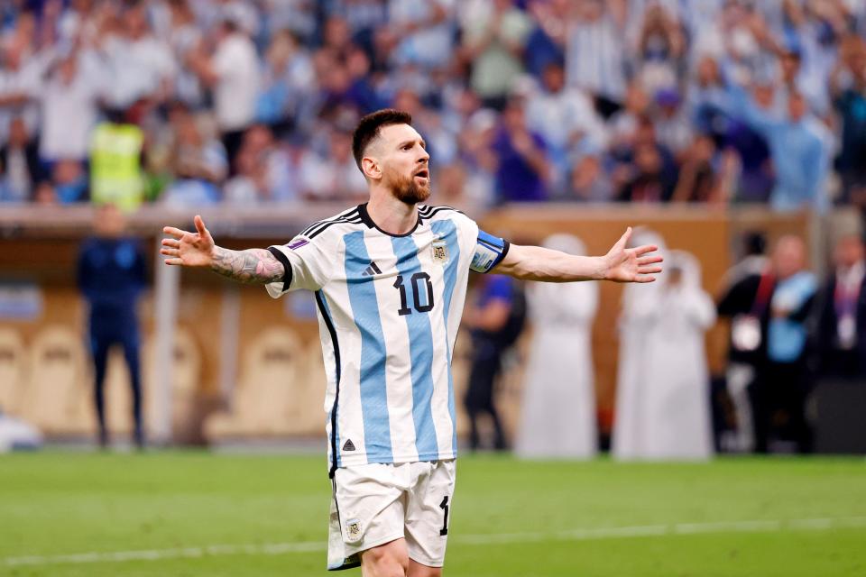 Lionel Messi reacts during Argentina's win in the 2022 World Cup final against France.