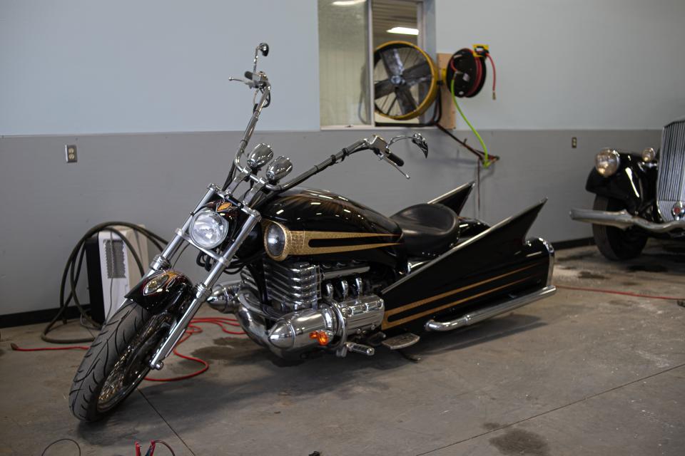 One of Gary VanderPol's creations is a motorcycle that his the fins of a 1960s Cadillac.