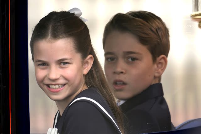 <p>Karwai Tang/WireImage</p> Princess Charlotte and Prince George at Trooping the Colour on June 15, 2024