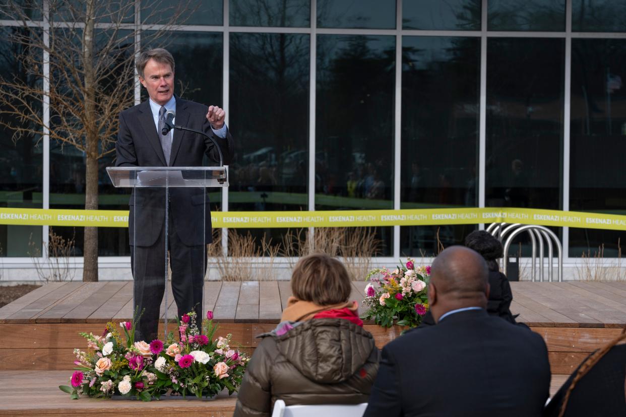 Indianapolis Mayor Joe Hogsett speaks during the ribbon cutting ceremony of the Eskenazi Health Thomas & Arlene Grande Campus, Thursday, March 21, 2024, in Indianapolis. Set to open to the public on April 17, 2024, the new Eskenazi Health campus is part of a $75 million investment in capital improvements to primary care facilities across Marion County announced by Eskenazi Health and Health & Hospital Corporation of Marion County in 2022.