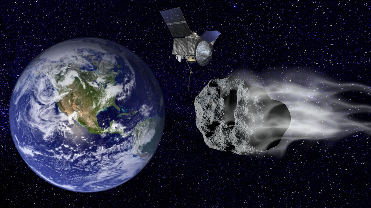  An illustration shows OSRIS-APEX as it watches the asteroid Apophis skim Earth in 2029. 