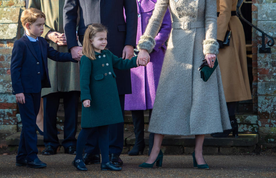 Prince George and Princess Charlotte after attending the Christmas Day morning church service at St Mary Magdalene Church in Sandringham, Norfolk.