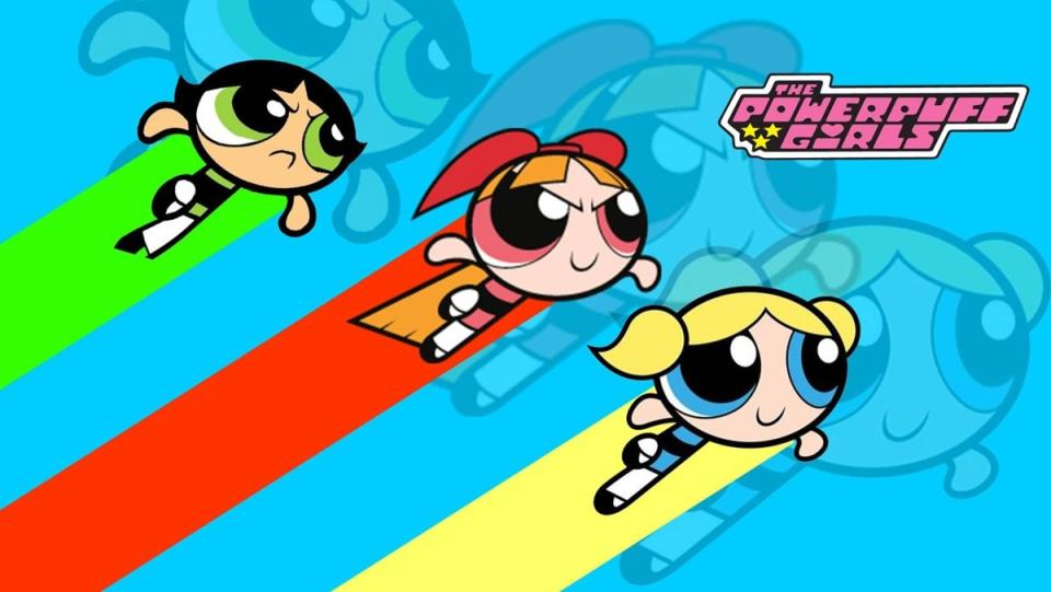 Blosson, Buttercup, and Bubbles leap into action in promo art for Powerpuff Girls.