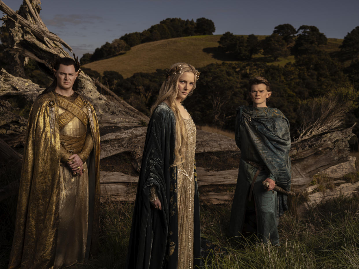 High King Gil-galad (Benjamin Walker), Galadriel (Morfydd Clark) and Elrond (Robert Aramayo) in Lord of the Rings: The Rings of Power (Prime Video)