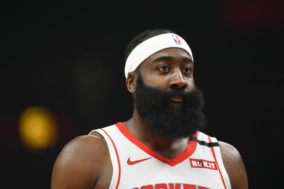 Houston Rockets guard James Harden (13) looks on during the first half of an NBA basketball game againsty the Atlanta Hawks, Wednesday, Jan. 8, 2020, in Atlanta. (AP Photo/John Amis)