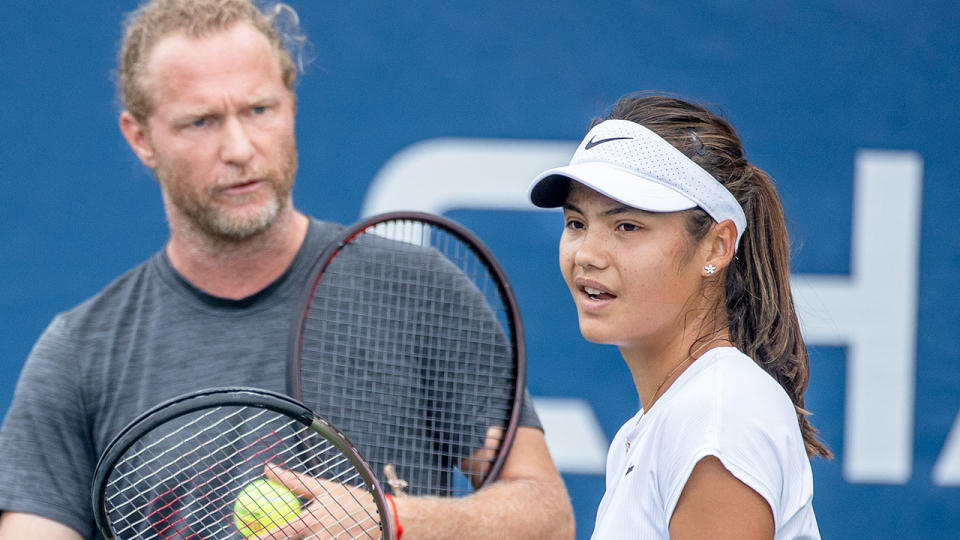 Pictured here, Emma Raducanu on the practice courts with her former coach, Dmitry Tursunov. 