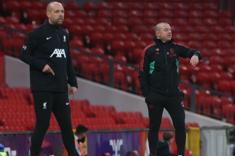 MANCHESTER, ENGLAND - APRIL 12:  Manchester United U21 Manager Travis Binnion reacts during the Premier League 2 match between Manchester United U21 and Liverpool U21 at Old Trafford on April 12, 2024 in Manchester, England. (Photo by John Peters/Manchester United via Getty Images)