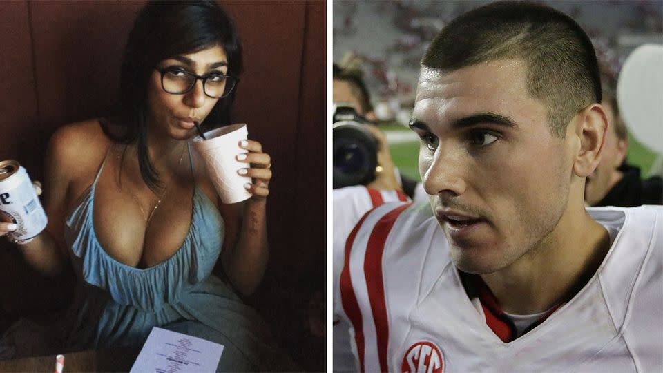 Ole Miss Rebels quarterback Chad Kelly (right) was shamed on Twitter by porn star Mia Khalifa (left). Photo: Instagram/AP