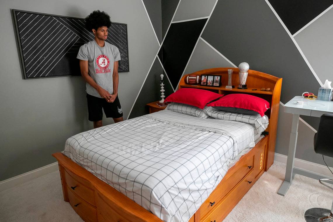 With most of his belongings already loaded into his car, Jarin Stevenson makes one final visit to his bedroom to retrieve contact lenses and a phone charger before departing for Tuscaloosa, Ala., on Wednesday, June 28, 2023 in Chapel Hill N.C.