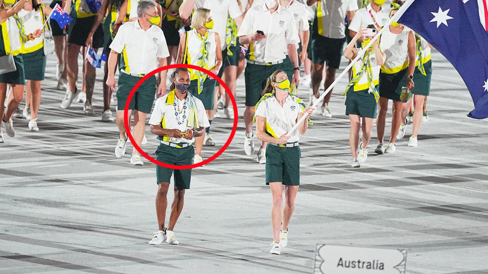 Patty Mills and Cate Campbell, pictured here carrying the flag for Australia at the opening ceremony. 