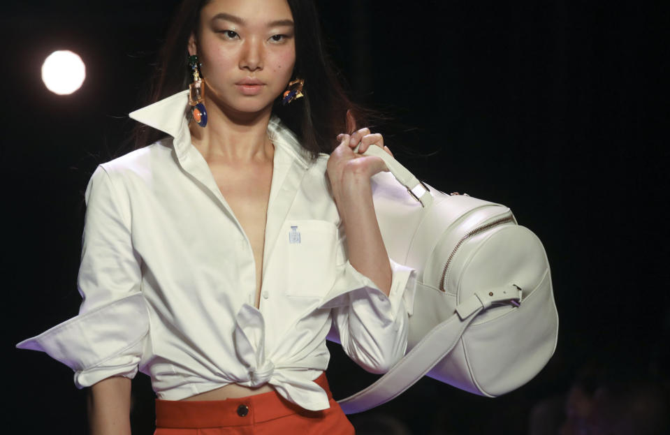 The latest fashion creation from Brandon Maxwell is modeled during New York Fashion Week, Saturday Sept. 7, 2019, in the Brooklyn borough of New York. (AP Photo/Bebeto Matthews)