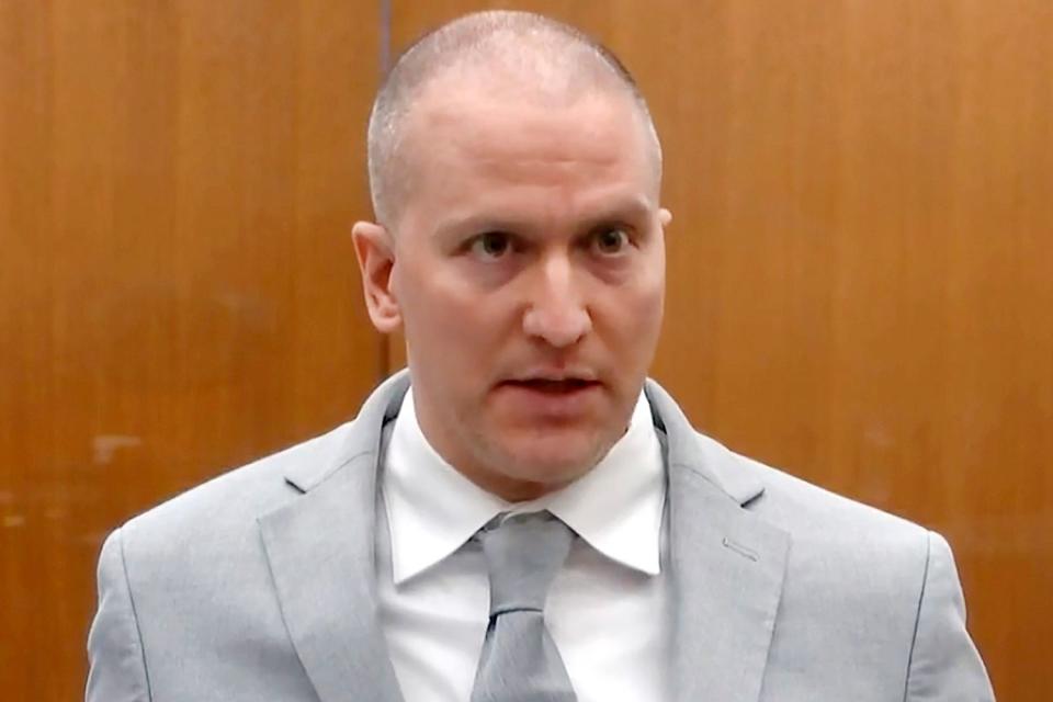 <p>Court TV via AP</p> Derek Chauvin addresses the court at the Hennepin County Courthouse on June 25, 2021 in Minneapolis