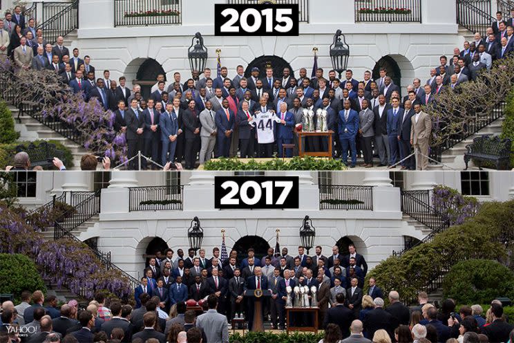 The Patriots had different-sized turnouts in 2015 and 2017. (AP photos)