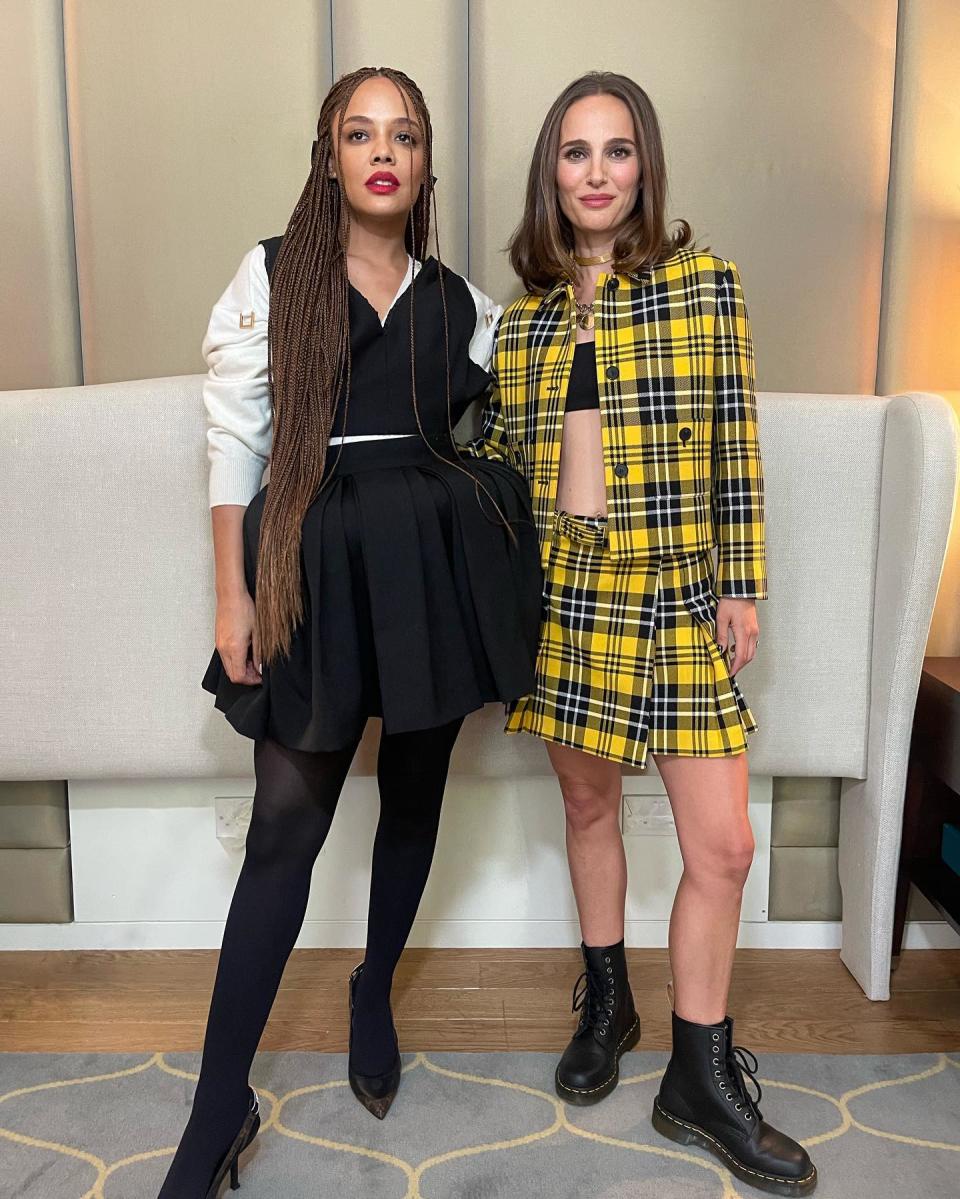 The actress wore a Dior version of the Clueless yellow and black plaid jacket and miniskirt while on the Thor: Love and Thunder promotional tour in July 2022. Natalie's outfit was an homage, as she wrote in the caption, "Having a Clueless moment during yesterday’s junket," as she stood alongside costar Tessa Thompson. Alicia Silverstone gave her seal of approval, writing in the comments, "You both look amazing.”