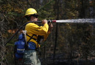 <p>Firefighter Mike Harrison, out of Dayton, Nev., hoses down the forest while working on the Berry Fire in Grand Teton National Park, Wyo., Aug 25, 2016. (AP Photo/Brennan Linsley) </p>