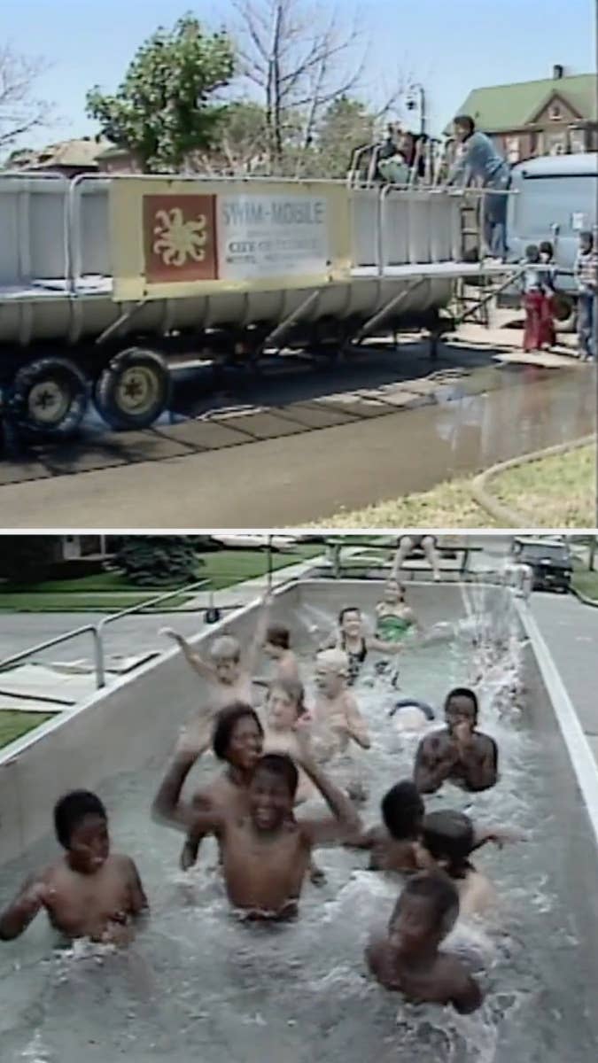 Children enjoying a swim in a portable pool labeled "Swim Mobile" while adults watch from the top deck