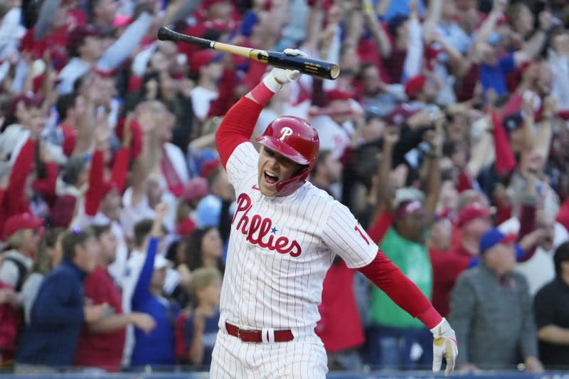 First baseman Rhys Hoskins hit .242 over his first six seasons with the Philadelphia Phillies. File Photo by Ray Stubblebine/UPI