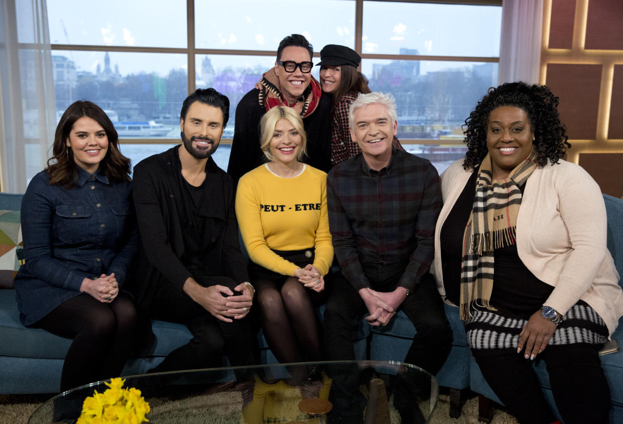 This Morning presenters (back row left to right) Gok Wan, Lisa Snowdon, (front row left to right) Bryony Blake, Rylan Clark-Neal, Holly Willoughby, Phillip Schofield and Alison Hammond during a photocall at the ITV Studios, Southbank, London. (Photo by Isabel Infantes/PA Images via Getty Images)