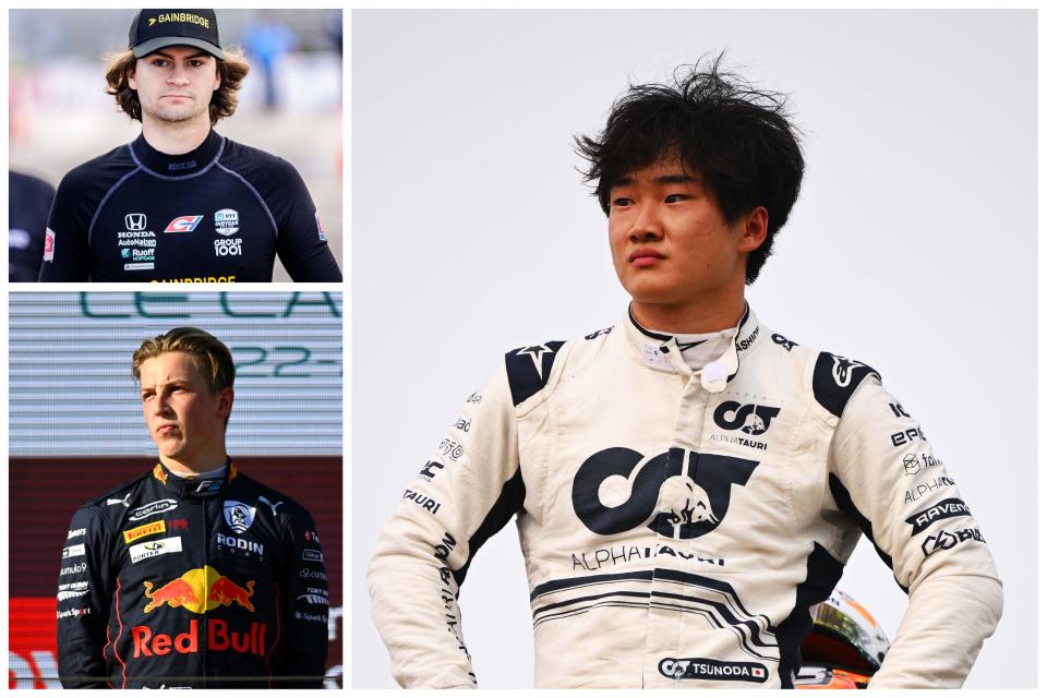 Yuki Tsunoda (right), Colton Herta (top-left), and Liam Lawson.