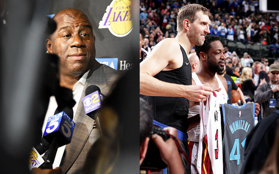 Magic Johnson, Dirk Nowitzki and Dwyane Wade contributed to an absolutely crazy day in the NBA, on and off the court. Pictures: GETTY IMAGES