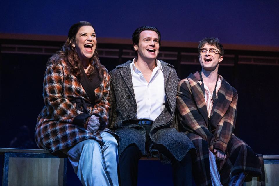 Lindsay Mendez, left, Jonathan Groff and Daniel Radcliffe in "Merrily We Roll Along."