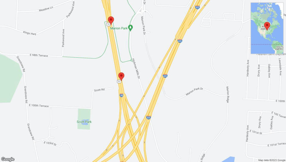 A detailed map that shows the affected road due to 'Warning in Kansas City: Crash reported on northbound I-40/US-71' on September 23rd at 10:01 p.m.