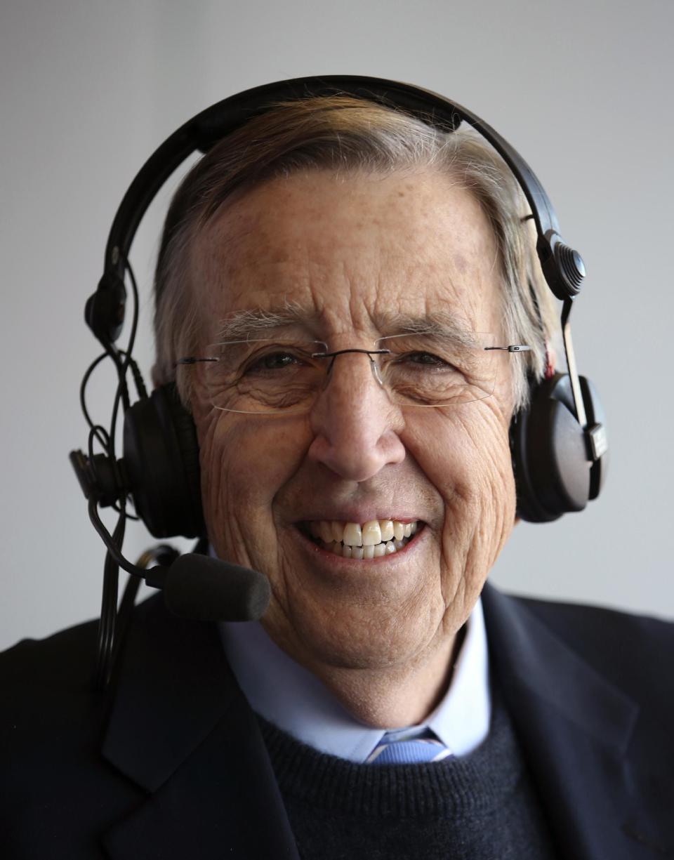 In this Dec. 17, 2016, photo provided by ESPN, Brent Musburger smiles during the Las Vegas Bowl college football game. Musburger is calling an end to his broadcast career. Millions of Americans experienced sporting events through his folksy narration, most often when he was the lead voice of CBS Sports during the 1980s. Musburger will call his last game for ESPN on Jan. 31, a college basketball contest pitting Kentucky against Georgia. (Gabriel Christus/ESPN Images via AP)