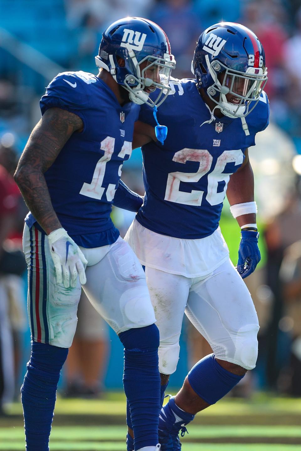 WR Odell Beckham and RB Saquon Barkley (26) were teammates for one season with the New York Giants in 2018.