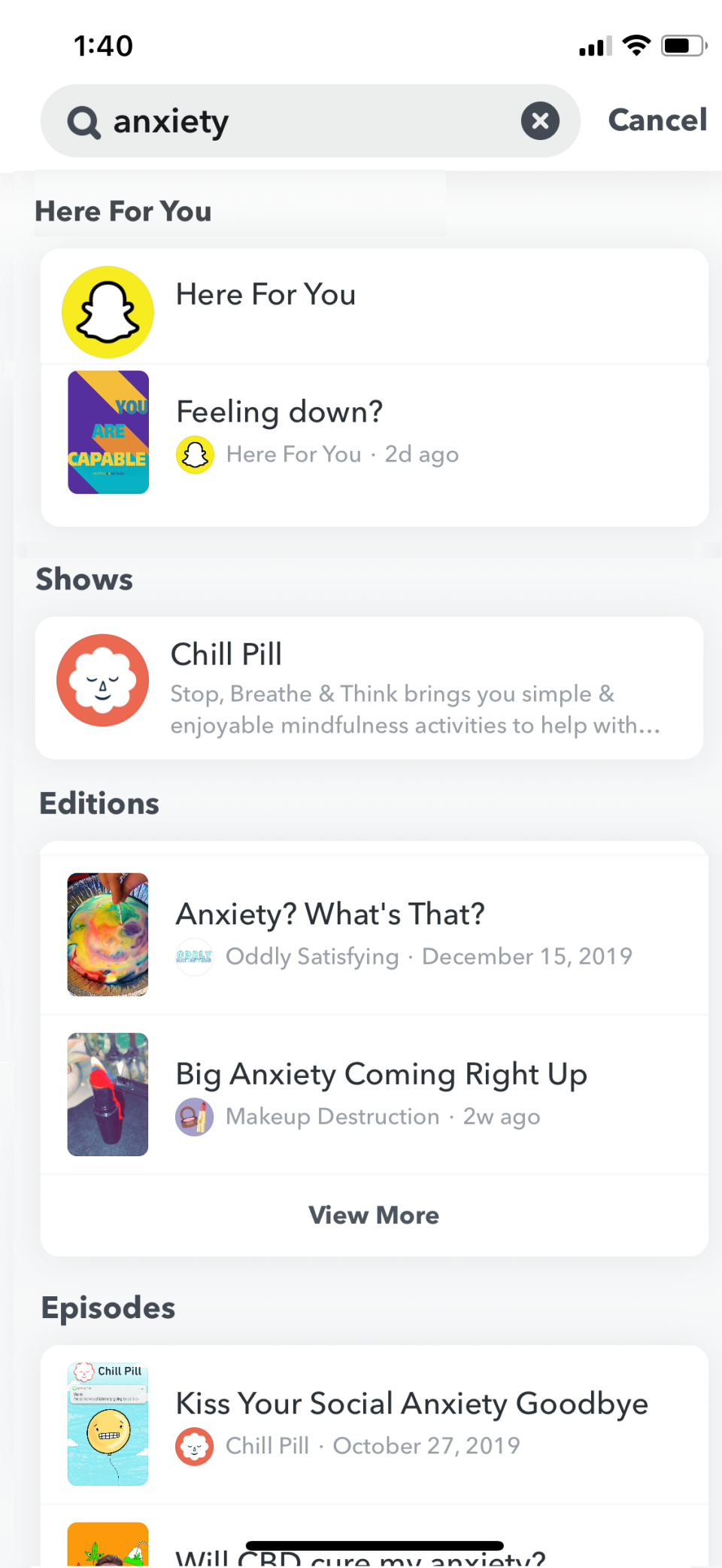 A view of Snapchat&#39;s new Here for You tool, which will show user&#39;s safety resources when they search for certain topics linked to mental health.