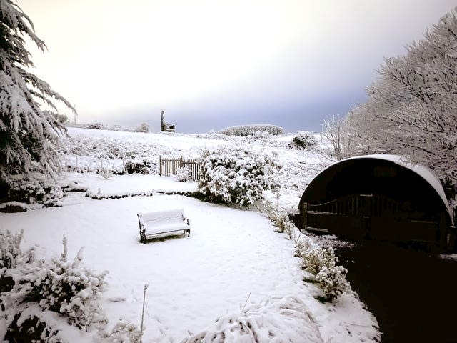 A snowy scene at Lower Ninnis St Day, Redruth, Cornwall, looking west towards St Aubyn