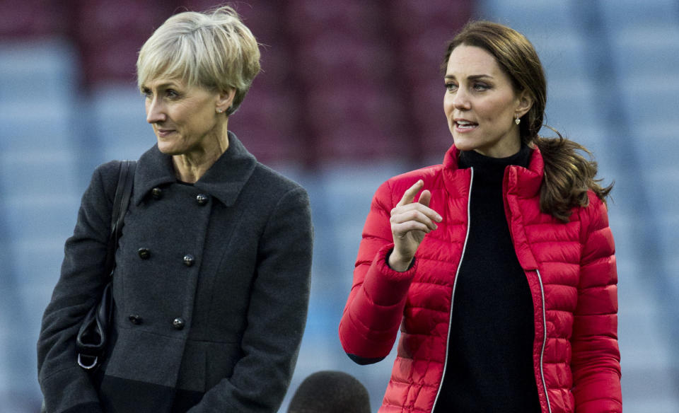 BIRMINGHAM, ENGLAND - NOVEMBER 22:  Catherine, Duchess of Cambridge with her Private Secretary Catherine Quinn during a visit to Aston Villa Football Club to see the work of the Coach Core programme on November 22, 2017 in Birmingham, England.  (Photo by Mark Cuthbert/UK Press via Getty Images)