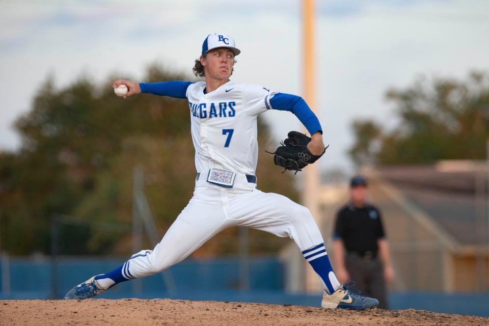 Barron Collier's Kaden Humphery (7) pitches in the top of the third inning during the FHSAA baseball Class 5A-Region 4 quarterfinal between Archbishop McCarthy and Barron Collier, Tuesday, May 10, 2022, at Barron Collier High School in Naples, Fla.Barron Collier defeated Archbishop McCarthy 3-2.